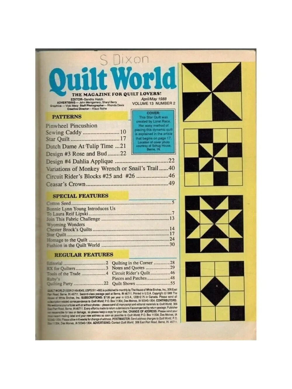 QUILT WORLD MAGAZINE, MAY 1988 House of White Birches Single_Issue_Magazine